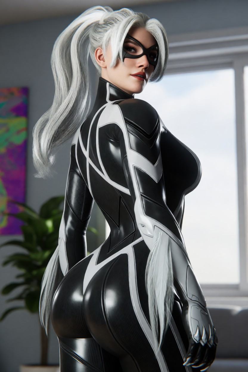 black_cat_(marvel),  This is a highly detailed,  realistic CGI image of a woman in a black and white superhero costume. Sh...