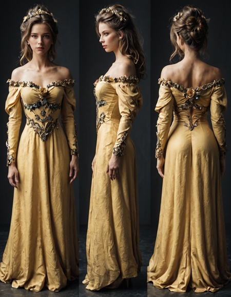 , masterpiece, best quality,  <lora:characterDesignSheetQuiron_illus:1>   characterDesignSheetQuiron,   standing, full body,  multiple views, Belle (Beauty and the Beast): Belle's yellow ball gown is a full-length, off-the-shoulder dress with a fitted bodice and a voluminous skirt. The dress is embellished with gold detailing, roses, and layers of tulle and satin fabric. 