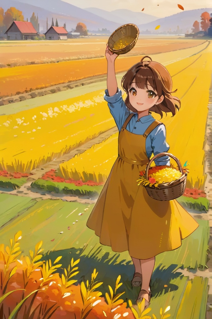 a girl standing in the field,holding a basket in one hand,the other hand waving in the air to say hello,1 girl,autumn,field,flower field,grass,nature,outdoor,solo,rice,mature rice,harvest,yellow theme. beautiful background,bichu,oil painting,Impressionism