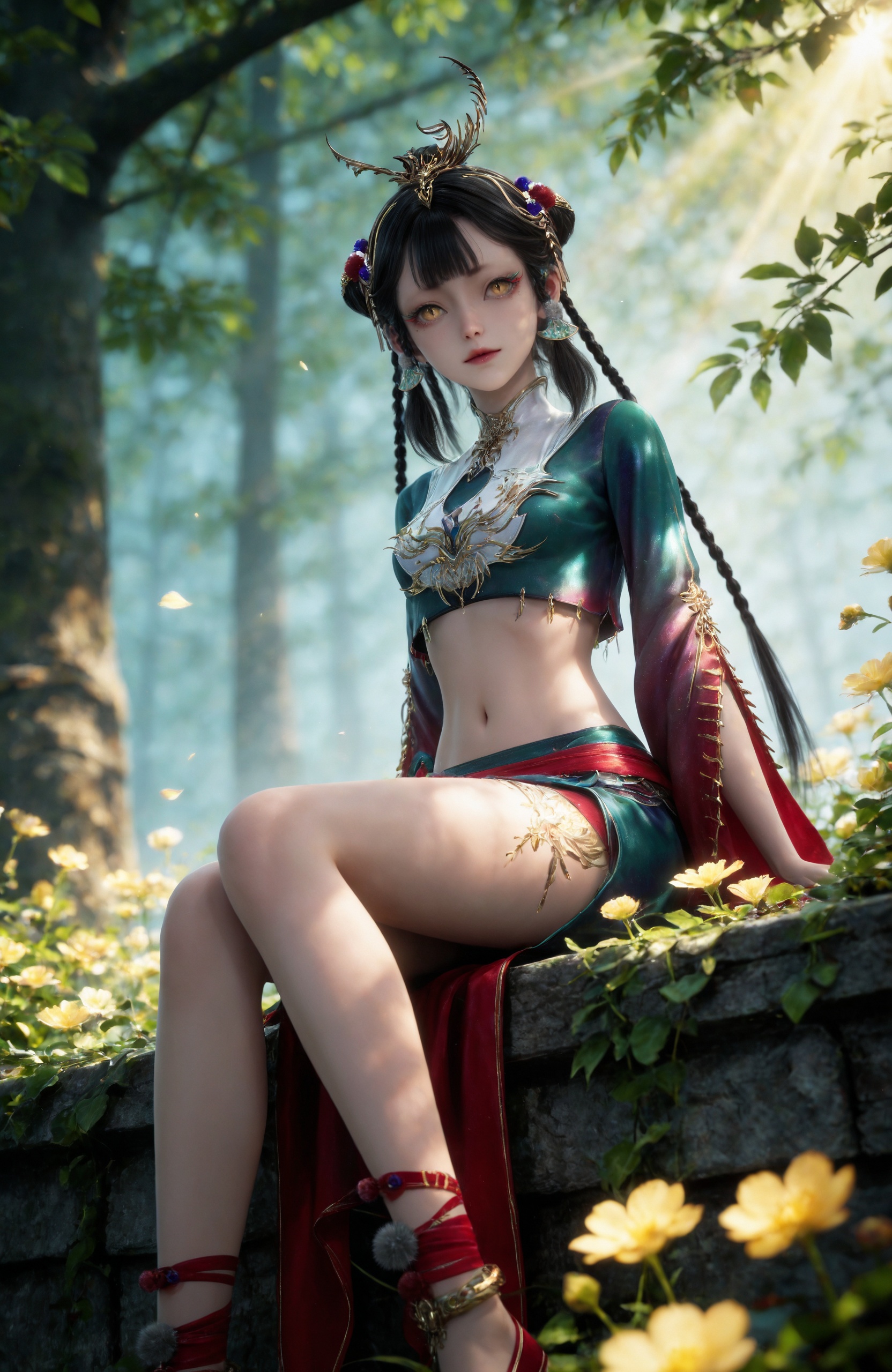 <lora:牧神记-仙清儿IL:0.7> 1girl, black hair, long hair, hair rings, hair bun, braid, hair ornament, jewelry, yellow eyes, crop top, chinese clothes, skirt, midriff, navel, red footwear, realistic style photo,outstanding style,Use soft lighting to cast gentle shadows on the subject,adding a touch of dimension to your images without compromising details,whirls of vapor,(Anime:1.1),soft neon light,ethereal ambiance,delicate details,magical atmosphere,concept art,highly detailed,ultra-high resolution,32K UHD,sharp focus,best-quality,masterpiece,golden hour,unconventional supreme masterpiece,masterful details,temperate atmosphere,with a high-end texture,in the style of fashion photography,magazine style,Dynamic Angle,Dynamic posture,magazine style,Dynamic Angle,Dynamic posture,(cowboy_shot:1.2),eye trail,depth of field,cinematic lighting,lens flare,close-up,extreme aesthetic,(wlop:0.6),(honjou raita,lack,rella,wanke:0.5),masterpiece,best quality,good quality,newest,year 2025,very aesthetic,absurdres,Visual impact,A shot with tension,ultra-high resolution,32K UHD,sharp focus,best-quality,masterpiece,Emotionalization,unconventional supreme masterpiece,masterful details,temperate atmosphere,with a high-end texture,in the style of fashion photography,(Visual impact:1.2),giving the poster a dynamic and visually striking appearance,, 1girl, flower, sitting, solo, blurry, yellow flower, blurry background, outdoors, sunlight, looking at viewer, nature, depth of field, arms at sides, leaf, tree, light rays, plant, feet out of frame, day,