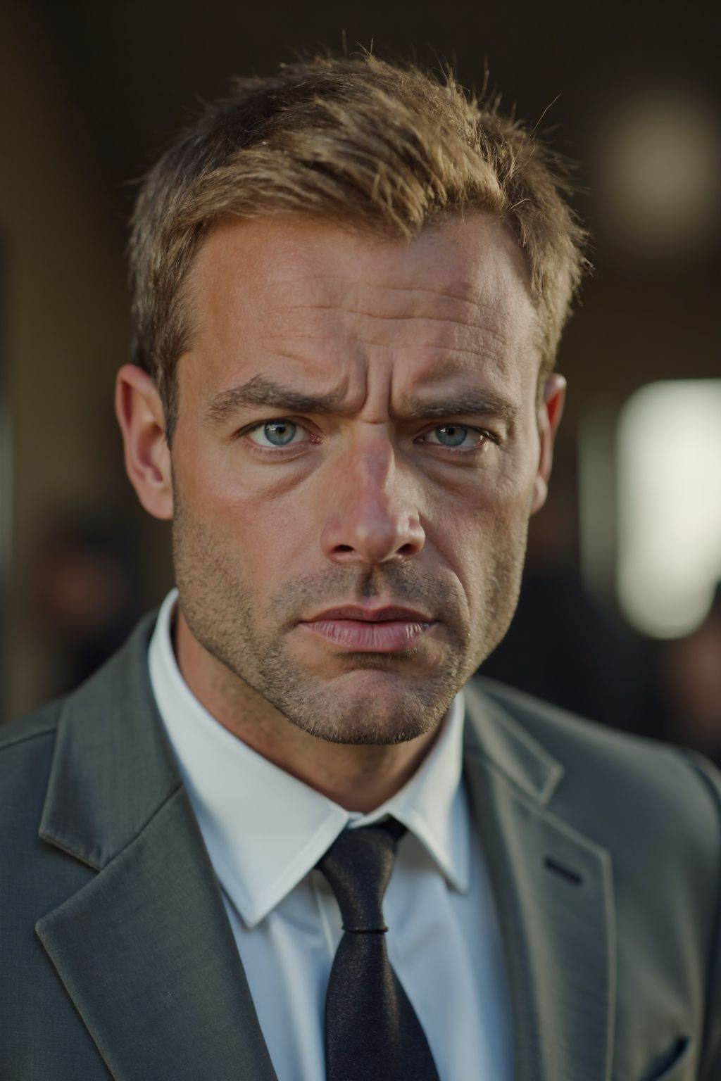HDR photo of cinematic film still, This is a photo of a man with short blond hair. He is wearing a gray suit, with his mouth closed, looking at the viewer.