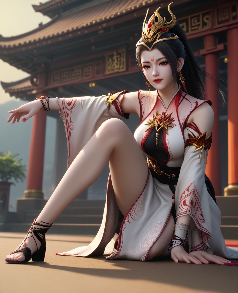 (oriental architecture, elegant decor, sophisticated style:1.1),(gymnastics balance beam leap:1.1),cold,(breasts:1.2),<lora:XL16师兄啊师兄玖酒:0.95>,miss jiujiu,white dress,forehead mark,black hair,ponytail,long hair,hair ornament,jewelry,earrings,black slip dress,black high-heeled sandals,red lips,, score_9,score_8_up,score_7_up,score_6_up,score_5_up,score_4_up,3d rendering,tag1,tag2, Cinematic Lighting,backlighting,