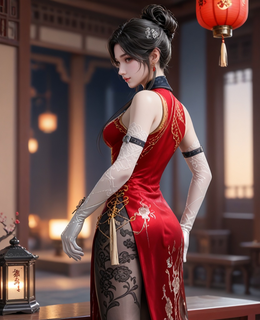(oriental architecture, elegant decor, sophisticated style:1.1),(Looking over the shoulder, looking back,:1.1),(breasts:1.2),<lora:XL16永劫无间顾清寒皮肤冰凌:0.95>,miss guqinghan,red china dress,brown eyes,black hair,single updo with long front strands,white elbow gloves,black pantyhose with floral embroidery,side slit,, score_9,score_8_up,score_7_up,score_6_up,score_5_up,score_4_up,3d rendering,tag1,tag2, Cinematic Lighting,backlighting,