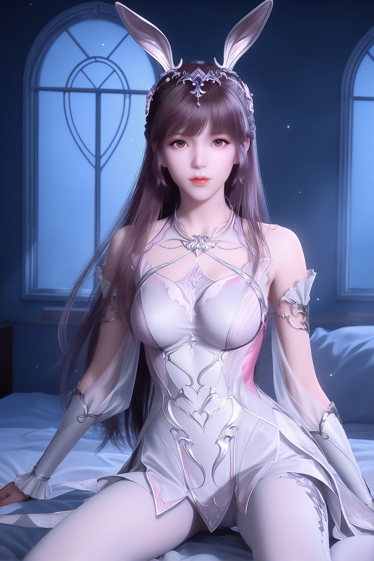 masterpiece,best quality,realistic,cinematic,detail eyes,(ultra-detailed),perfect composition,intricate details,absurdres,detailed face,high quality,high res,8K,,<lora:X_xiaowu_fh_IL2.0:0.8>,1girl,long hair,breast,medium breast,hair_ornament,dress,brown hair,brown eyes,bunny ears,pink dress,white_pantyhose,simple background,indoor,window,bed,night theme,moody lighting,Crotch panel​,
