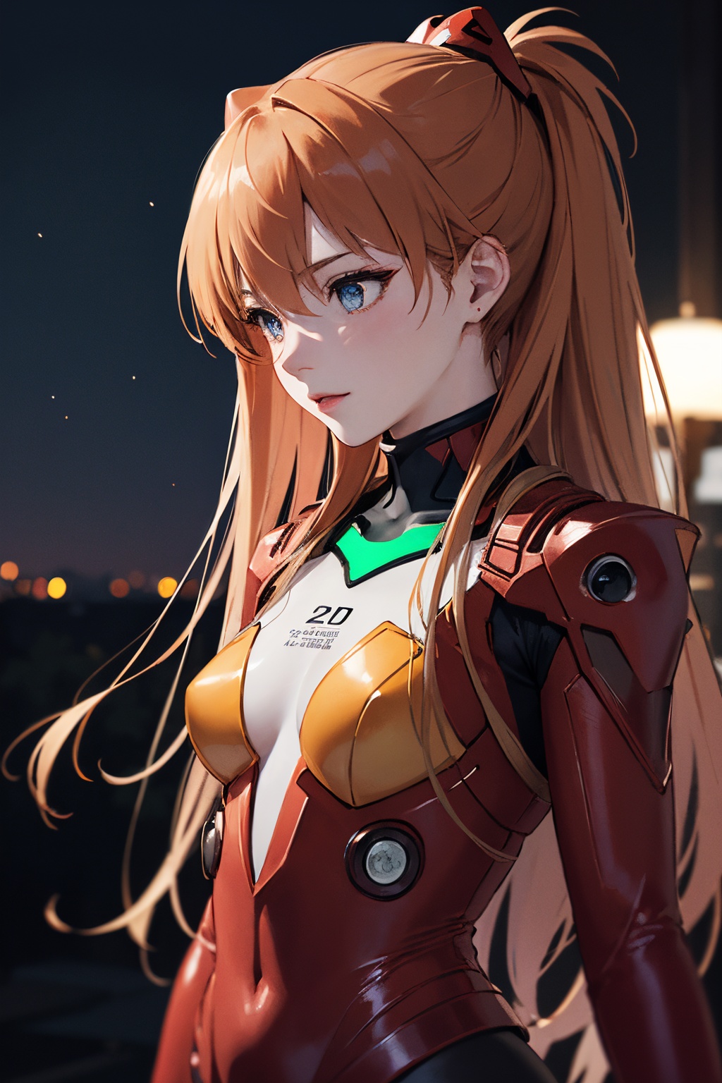 (best quality, masterpiece, colorful, dynamic angle, highest detailed)(Asuka Langley),upper body photo,fashion photography of cute red long hair girl (Asuka Langley),dressing high detailed Evangelion red suit (high resolution textures),in dynamic pose,bokeh,(intricate details, hyperdetailed:1.15),detailed,moonlight passing through hair,perfect night,(fantasy background),(official art, extreme detailed, highest detailed),HDR+,