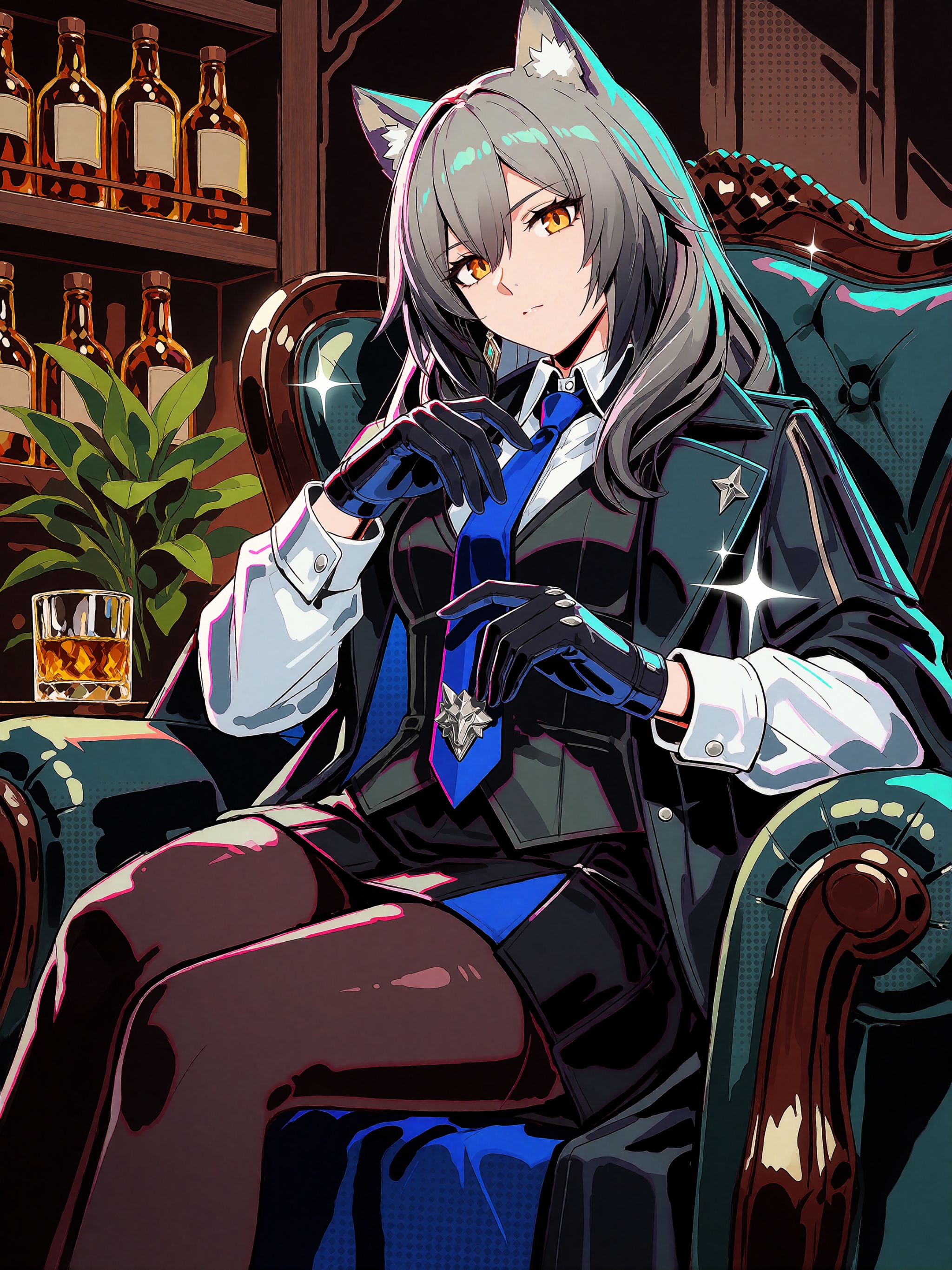 in the style of datcravat,  a young woman with long grey hair and pointed cat ears sits poised on an ornate tufted armchai...