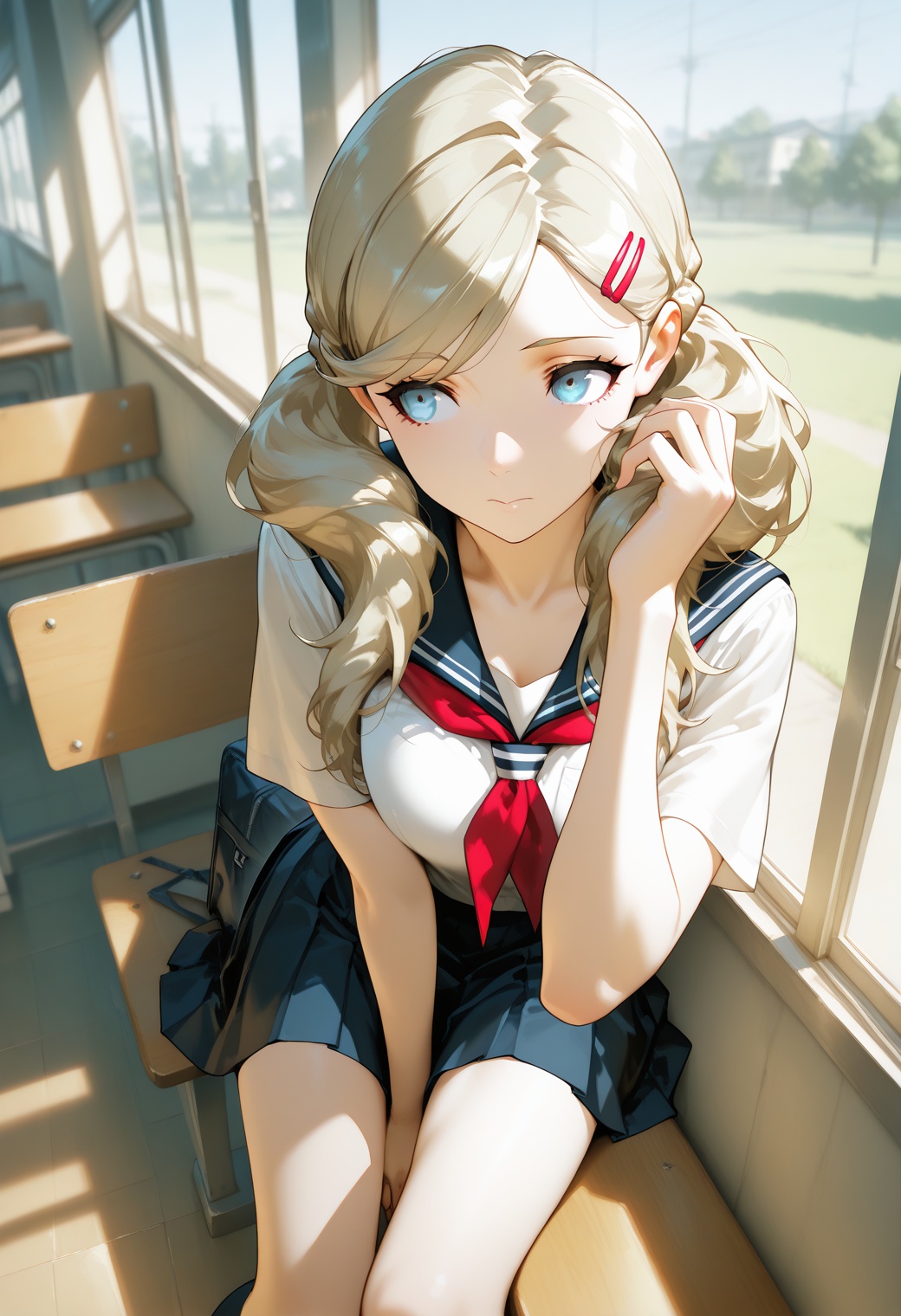 masterpiece,best quality,amazing quality,very aesthetic,absurdres,newest,impactful picture,offcial art,movie perspective,(soejima shigenori:0.8),(zombie ke:0.2),1girl,anne takamaki, blonde hair, blue eyes, hair ornament, hairclip, long hair, swept bangs, twintails, wavy hair, school uniform,classroom,sit on the bench,look out the window,
