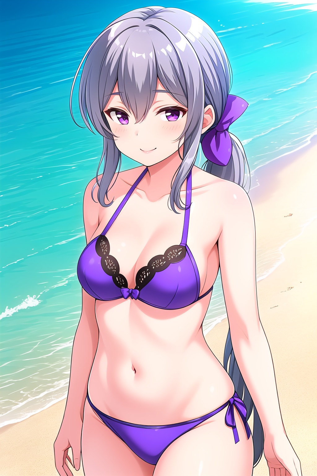 (masterpiece, best quality), highly detailed background, perfect lightingbest quality, shigetoakiho, solo, outdoors, beach, grey hair, low ponytail, purple bow, hair bow, hair between eyes, very long hair, purple eyes, medium breasts, purple bikini, swimsuit, smile, closed mouth, :), pink lips, <lora:Shigeto-Akiho:0.7>