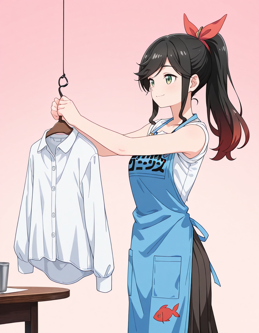 masterpiece, best quality, amazing quality, gradient background, BREAKhanging clothes, holding, indoors, table, collared jacket,ADDCOL1girl, from side, looking forward, wardrobe, smile,<lora:wakana_kinme-kinishite_s1-v3-ixl-anime-soralz:1>, wakana kinme (kinishite), long hair, black hair, green eyes, sidelocks, high ponytail, red hair ribbon, swept bangs, low drills,kinme shirt, sleeves rolled up, kinme blue apron, clothes writing, fish print, brown skirt, pleated skirt, medium skirt, 