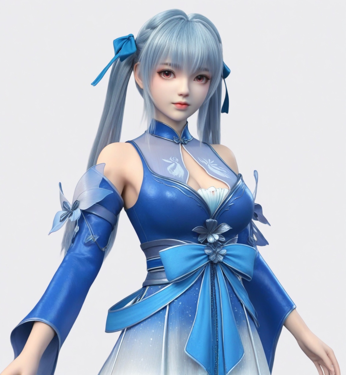 score_9,<lora:SF_LinQingTan_Pony_Realism-000003:0.7>,1girl,solo,clothes,detached sleeves,bangs,blue hair,large breasts,twintails,standing,long hair,skirt,fair_skin,white_skin,Ivory_skin,hair bow,hair ribbon,looking at viewer,white background,