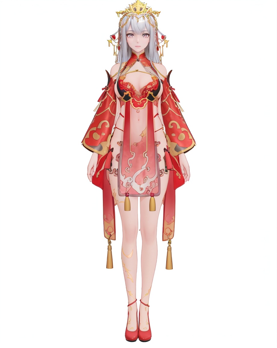 8k,best quality,masterpiece,(ultra-detailed),(high detailed skin),(by nanoless, by misumi \(macaroni\),:0.5),A full-body portrait of a young girl,standing gracefully,pastel art style,high-key lighting,shoujo manga influence,hd quality,delicate details,full body,full shot,standing,looking at viewer,(solo:1.2),simple background,white background,<lora:cbcnwed-sd-Tanger-000019:0.8>,Ji Chenxing,clothes: Ji Chenxing red weding dress,1st clothes,Ji Chenxing golden tiara,silver hair,1girl,red footwear,breasts,long hair,golden leg tattoo,