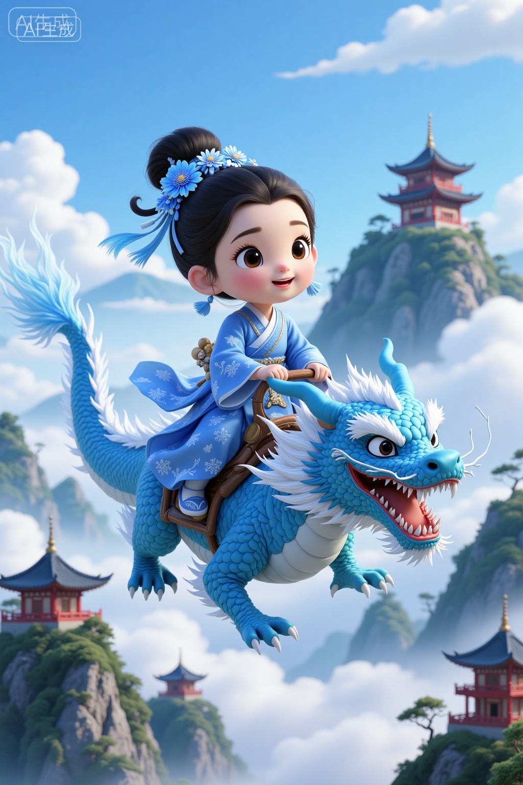 This is a digital illustration in an anime style featuring a young Asian girl with fair skin and black hair in an updo adorned with blue flowers,riding a blue dragon. She wears a blue kimono with white patterns. They soar above misty mountains and traditional Chinese pagodas. The dragon has a fierce expression and intricate scales.,, Negative prompt: ng_deepnegative_v1_75t,(badhandv4:1.2),EasyNegative,(worst quality:2),,nsfw, Steps: 20, Sampler: DPM++ 2M, CFG scale: 3.5, Seed: 3523975865, Size: 1024x1536, Model hash: 8cba4f1ef4, Model: F.1基础算法模型-哩布在线可运行_F.1-dev-fp8.safetensors, Denoising strength: 0, RNG: CPU, Lora 1: 20250906-1757172058930-0005, Lora Hash 1: 441438c536, Lora Weight 1: 0.8, vae_name: automatic