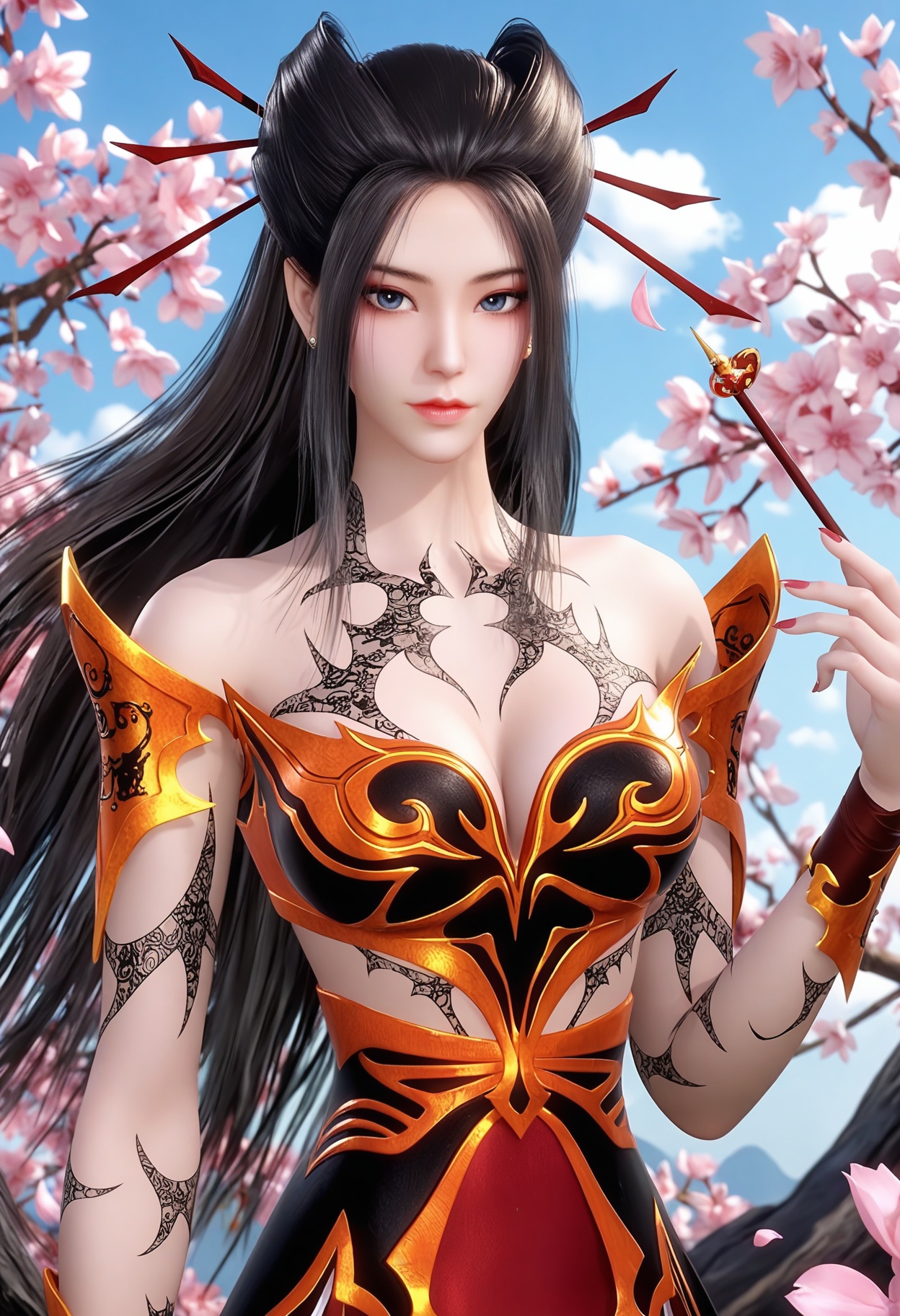 (upper_body:1.2),(looking_at_viewer:1.4),fantasy,dreamlike,Pastel Colors,hyper realistic,southeast asia,aestheticism,beautiful detailed sky,chinese mythology,wonderland,peach blossom,falling petals,smog,yunxia,<lora:YQ_li光辉v5_焰灵姬_V2:0.8>,1girl,solo,q1528437228black_hair,long_hair,tattoo,hair_ornament,bare_shoulders,breasts,dress,blue_eyes,armor,cleavage,hair_bun,realistic,nail_polish,red_lips,black_eyes,hair_stick,brown_hair,red_dress,jewelry,earrings,