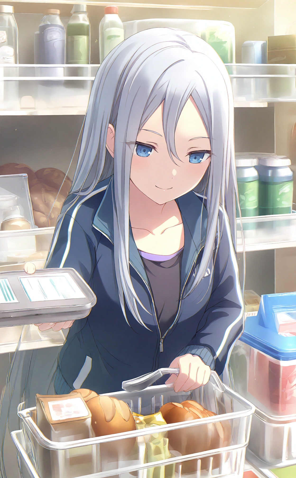 masterpiece,highres,absurdres,newest,best quality,high quality,chromatic_aberration,//,yoisaki_kanade,1girl,long_hair,solo,blue_eyes,refrigerator,food,jacket,bottle,blue_jacket,hair_between_eyes,track_jacket,long_sleeves,closed_mouth,holding,grey_hair,smile,black_shirt,collarbone,upper_body,shirt,partially_unzipped,double-parted_bangs,convenience_store,box,straight_hair,shelf,bread,very_long_hair,indoors,jar,fingernails,zipper,sidelocks,//,<lora:PJSKcg925——【NOOB】hans:0.8>,