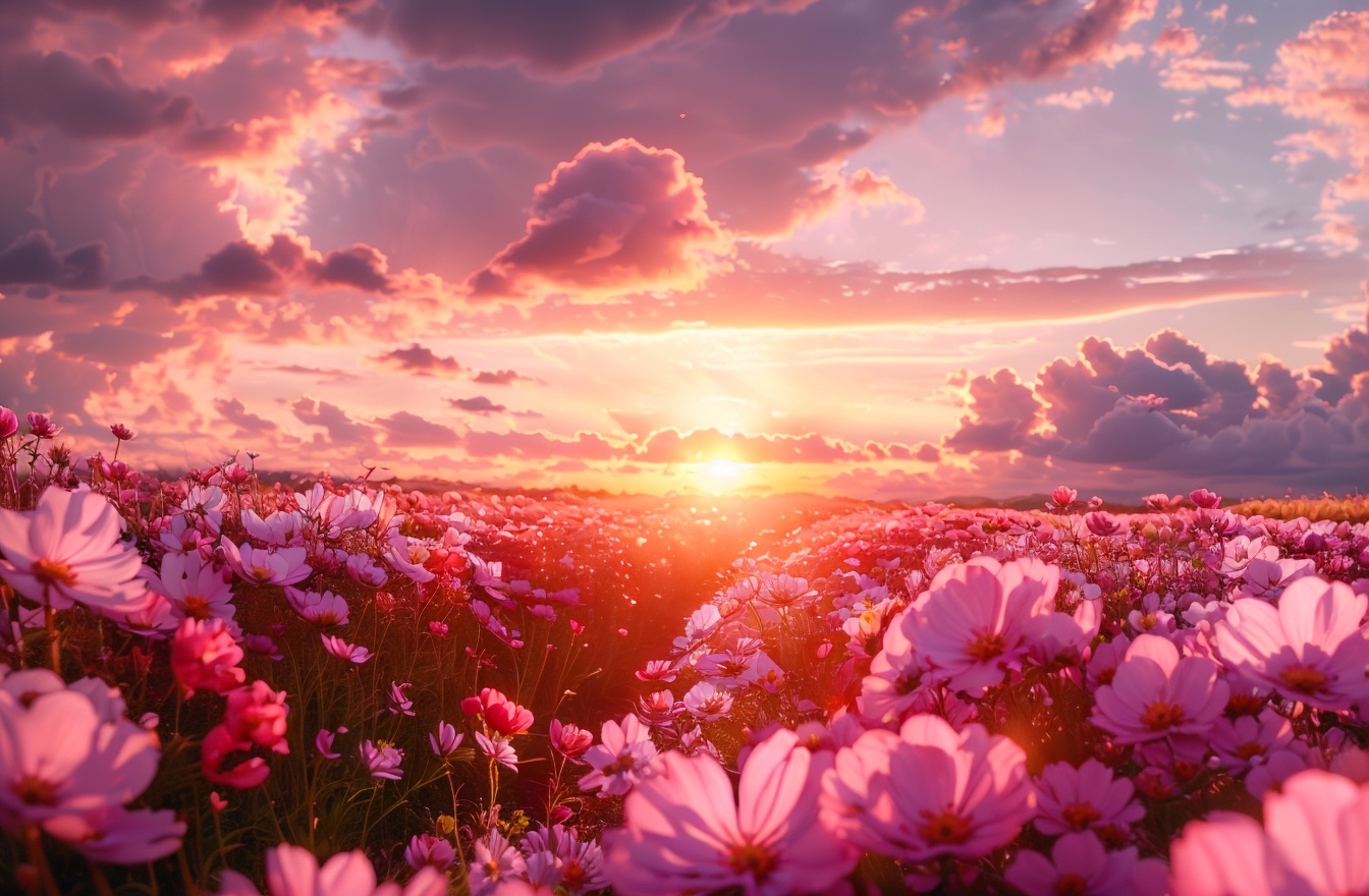 Flower sea,masterpiece,charming visual effects,dreamy world,depth of field,still life,Realistic,flower,outdoors,sky,cloud,no humans,ocean,sunlight,cloudy sky,scenery,sunset,sun,horizon,field,flower field,