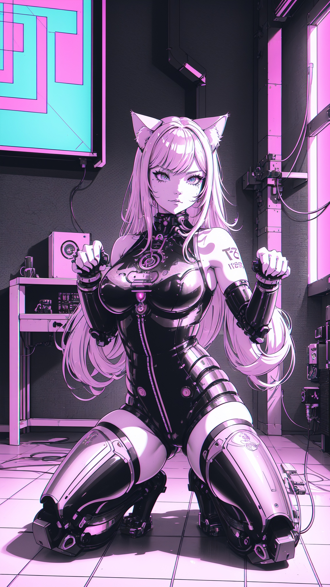 cat girl,  kneeling,  pink hair on Tensor.Art