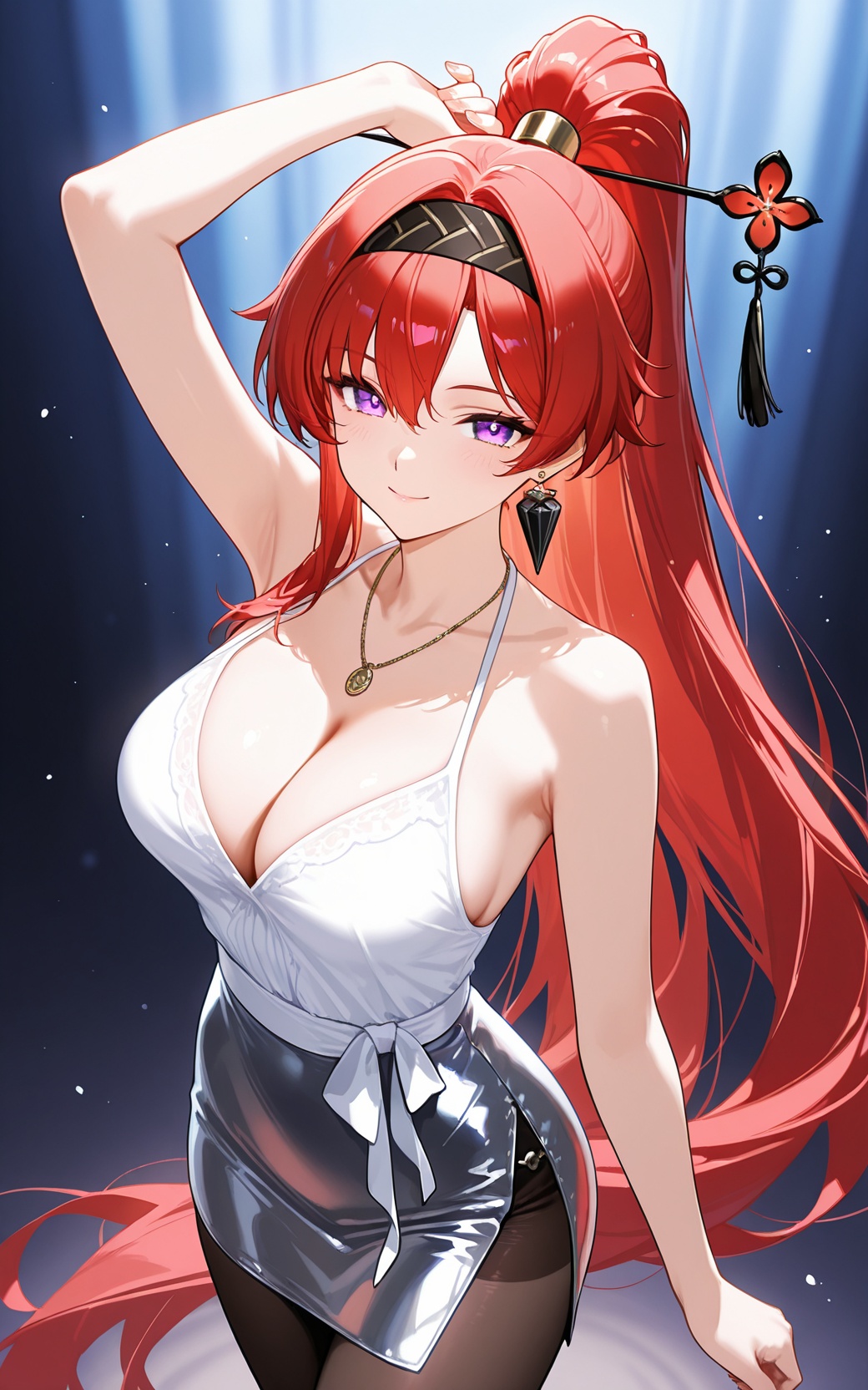 <lora:XL_ill_yinlin(wuthering waves)_v1:0.7>,(yinlin\(wuthering waves\):0.5),1girl,breasts,red hair,solo,cleavage,long hair,large breasts,purple eyes,jewelry,looking at viewer,very long hair,earrings,pantyhose,arm up,sleeveless dress,sleeveless,hairband,bare shoulders,black hairband,smile,ponytail,necklace,armpits,collarbone,hair ornament,cowboy shot,high ponytail,metallic skirt with a simple blouse and pumps.,