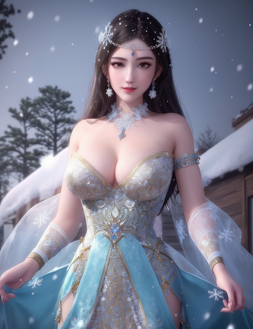 ultra realistic 8k cg, flawless, clean, masterpiece, professional artwork, famous artwork, cinematic lighting, cinematic bloom, perfect face, beautiful face, fantasy, dreamlike, unreal, science fiction,   lace, lace trim, lace-trimmed legwear, luxury, jewelry, diamond, gold, pearl, gem, sapphire, ruby, emerald, intricate detail, delicate pattern, charming, alluring, seductive, erotic, enchanting, hair ornament, necklace, earrings, bracelet, armlet,halo,autumn,((,1girl, pov,best quality, ))  , ((((1girl, solo,outdoors, large breasts,,snowflakes,  snow, snowing,   ))))    <lora:DA_BaiCai:0.7>