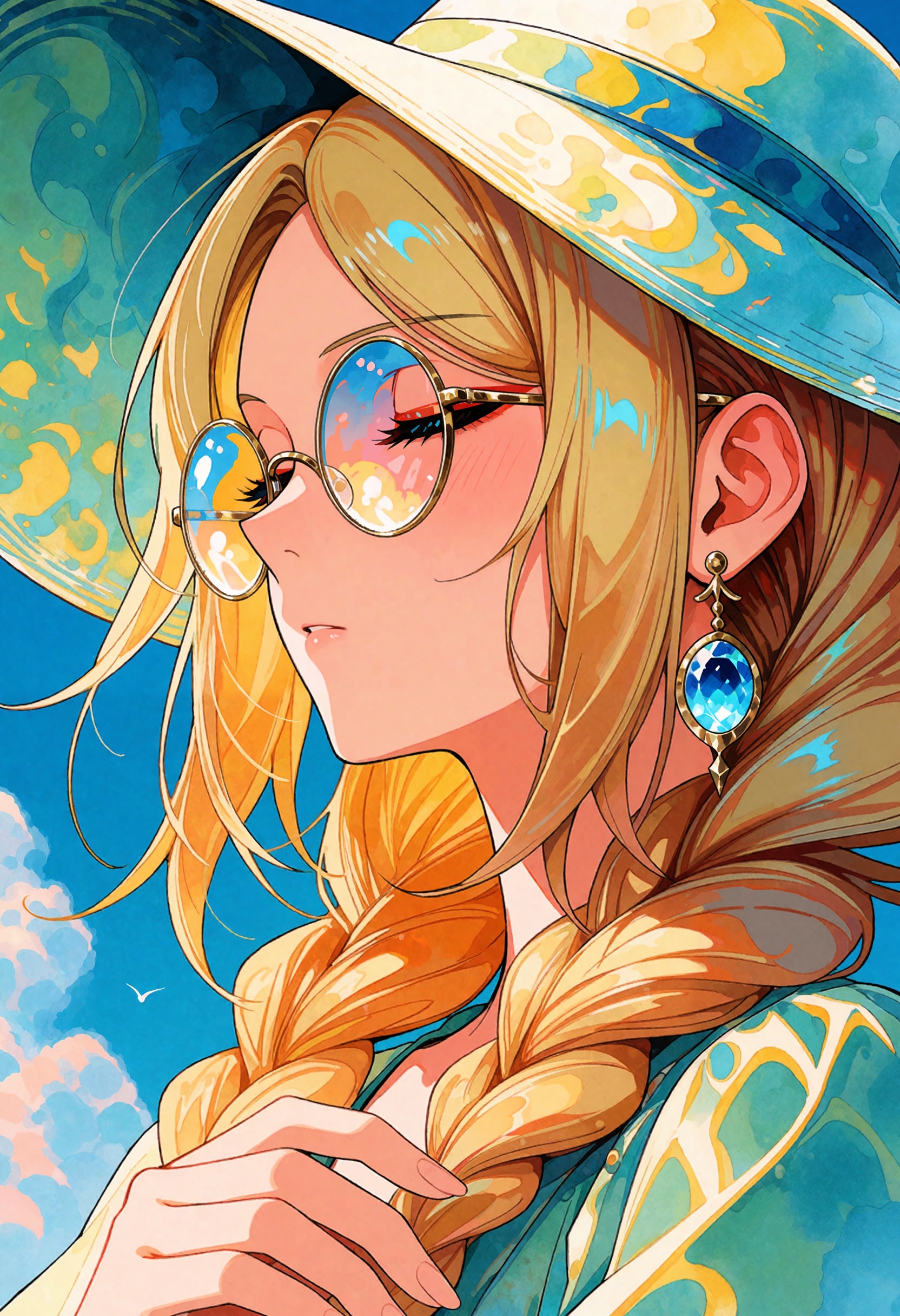 close-up portrait of a woman with long braided golden blonde hair,  wearing round gold-rimmed glasses reflecting the sky,...