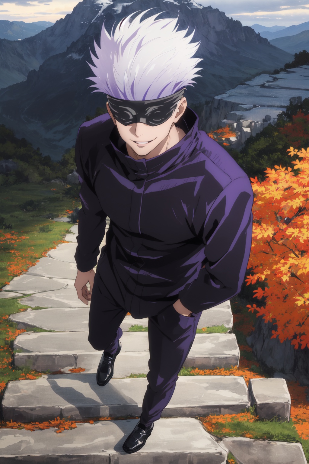 <lora:Satoru-000015:0.9>,Satoru CYQL,1boy,looking at viewer,solo,male focus,white hair,short hair,spiked hair,covered eyes,black blindfold,blindfold,jacket,black jacket,pants,black pants,long sleeves,smile,black footwear,high collar,shoes,full_shot,from_above,Tiered along the mountain slopes, these steps of earth resemble a staircase for giants, dressed in tender green during spring and turning golden in autumn,beautiful detailed sky,beautiful detailed glow,posing in front of a colorful and dynamic background,masterpiece,best quality,beautiful and aesthetic,wallpaper,