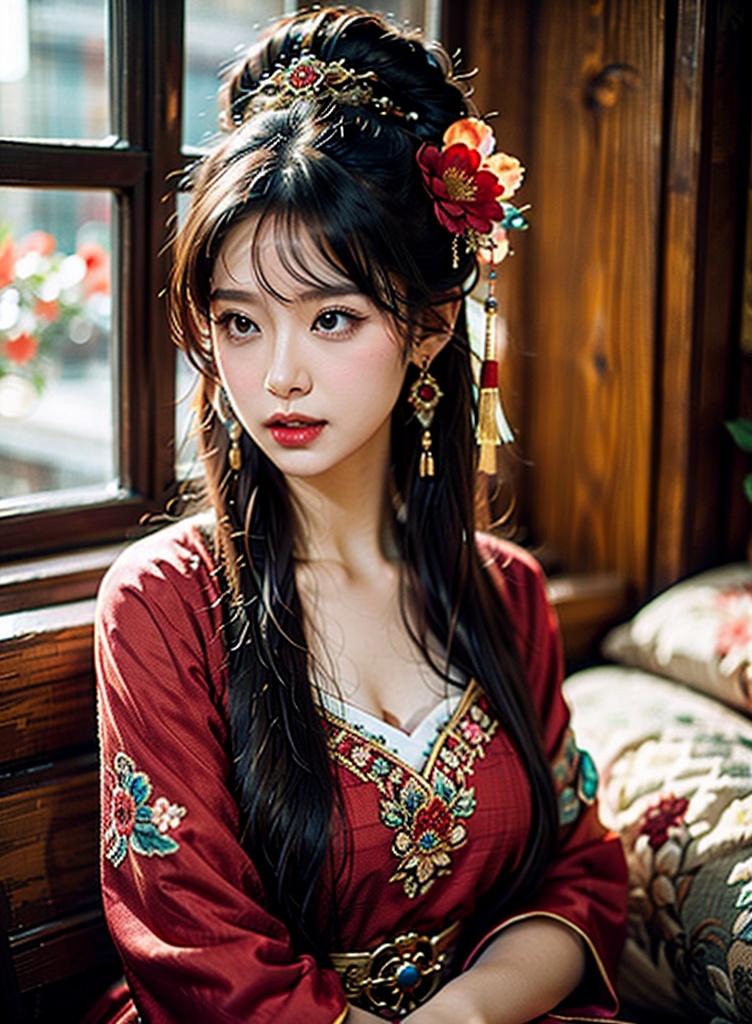 a woman in a red dress sitting down with her hand on her hip and a flower in her hair,blurry,1girl,depth_of_field,blurry_background,earrings,jewelry,bokeh,hair_ornament,solo,long_hair,lens_flare,black_hair,moon,dress,lips,hair_flower,chinese_clothes,breasts,<lora:国风写实V1.0:0.8>,