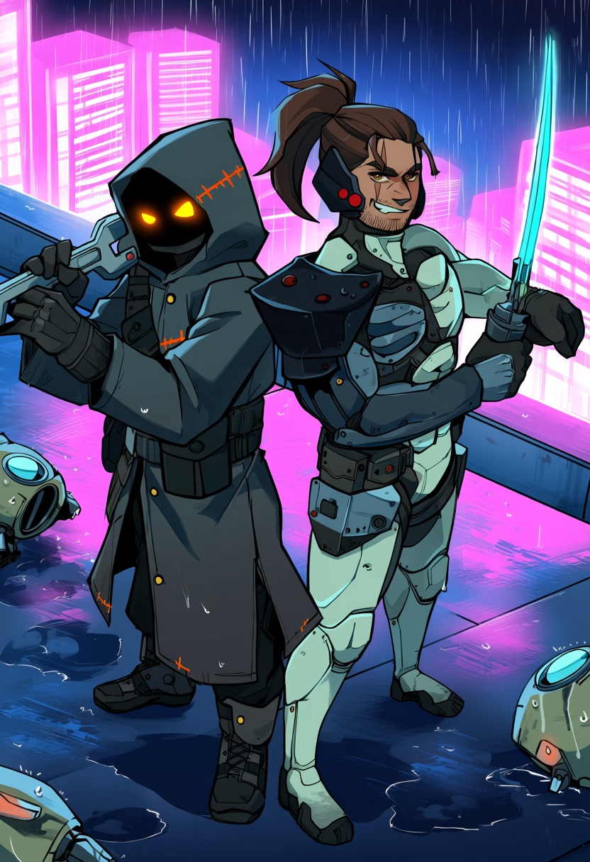@kol49. The setting is a rain-slicked,  neon-lit cyberpunk rooftop at night. A single JawaSW stands back-to-back with a co...