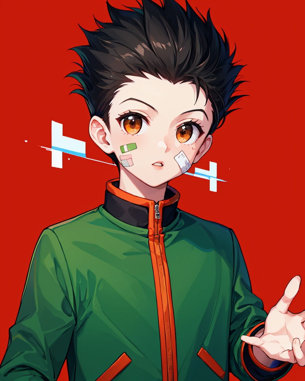 masterpiece,best quality, highly detailed, gon freecss,1boy, male focus, solo, bandaid on face, looking at viewer, green jacket, parted lips, reaching towards viewer, upper body, black background, outstretched hand, male child, red background,<lora:gon_freecss:1>