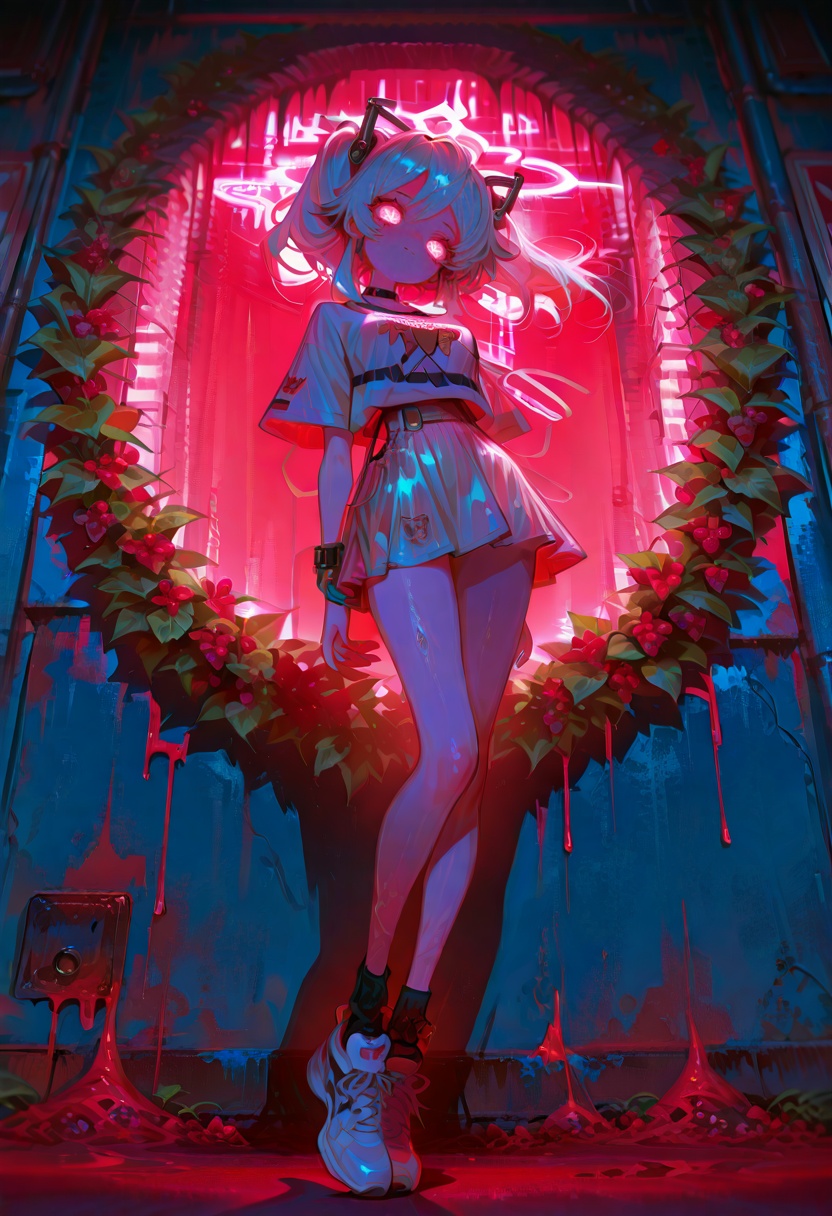 best_quality,masterpiece,cute painting style,perfect body,wide hips,slim waist,thin legs,thin waist,full body,shiny skin,juri_(blue_archive),Adidas T-shirt,miniskirt,White Adidas sneakers,depth of field,dutch angle,photorealistic,shiny skin,vibrant,(distant shot:1.2),masterpiece,best quality,amazing quality,very aesthetic,absurdres,newest,volumetric lighting,looking at viewer,flower-shaped pupils,glowing eyes,8k,dynamic angle,illustration,intricate details,berry_red background,dynamic posing,vibrant illustration,fashion details,(floating a chibi character:1.2),wearing matching colors,long_legs,longeyelashes,shadow on background wall,closed mouth,