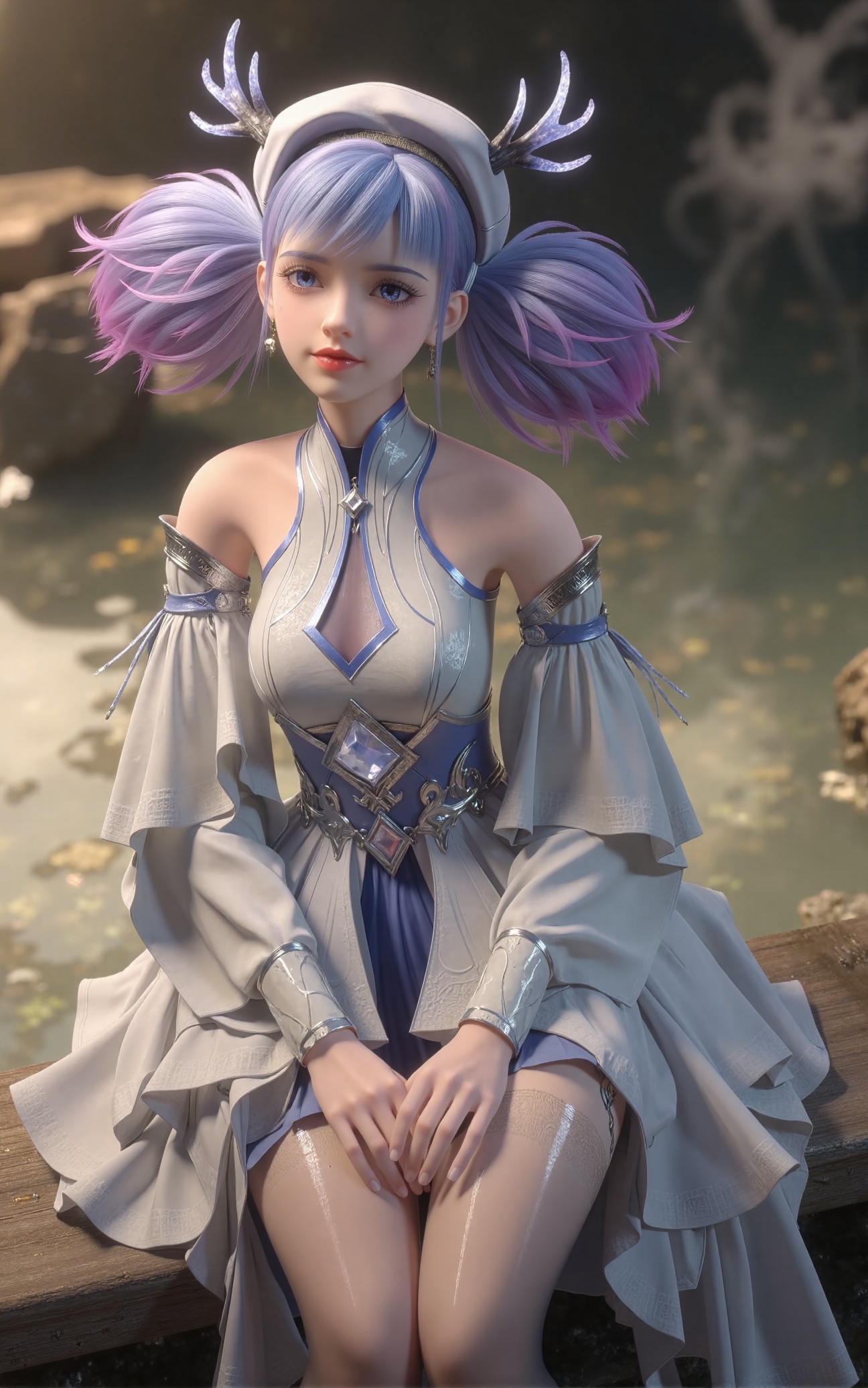 Tutu Aurora 8D Pantyhose (the name is a trigger word), Generate an elegant and serene image of Xiaolu — a female character inspired by East Asian aesthetics. She is sitting beside a tranquil hot spring, with steam gently rising around her. The scene has a soft, warm glow that highlights her delicate features.  Xiaolu has long purple hair styled in twin tails or pigtails, some strands are lavender with purple tips, others dyed blue or pink. Her bangs frame her face as she looks directly at the viewer with a gentle, confident smile that conveys both grace and charm.  Instead of a swimsuit, she wears a white and silver futuristic fantasy outfit: a high-collar dress with off-shoulder sleeves, a frilly skirt, and thigh-high stockings. Accessories include an ornate headpiece, feather-adorned hat, silver choker, large earrings, and intricate jewelry with elaborate patterns. Despite the modest attire, her poised posture and expression convey a subtle sense of elegance and allure.  The setting is dreamy and atmospheric, with warm lighting reflecting on the water's surface and surrounding rocks. The overall mood is peaceful yet captivating, blending sensuality with refinement.  The image should be rich in detail, emphasizing fabric texture, lighting effects, and facial expression. tutu Aurora 8D Pantyhose
