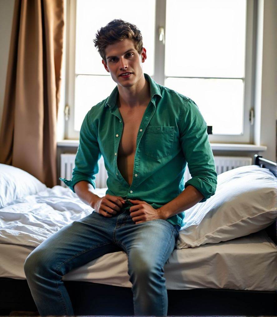 danielsharman ,  He is unbuttoning his green shirt,  sitting on the edge of a black Ikea bed with white sheets on Tensor.Art