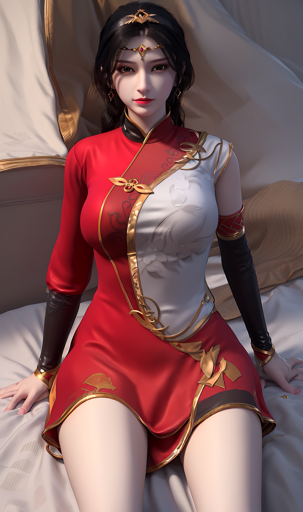 3D,masterpiece,(best quality),(makeup),official art, extremely detailed cg 8k wallpaper,((crystalstexture skin)), (extremely delicate and beautiful),(highly detailed),(face),(tiara),(collar),(wristband),(1girl), (solo), (jewelry), (earrings),(black_hair),(long_hair),(hair_ornament),(handwear),(breasts),(sitting),((upper_body)),(long_legs),(dress),(closed_mouth),(short_skirt),(chinese_clothes),(multicolored_clothes),(multicolored_dress),(shiny_clothes),(city,indoor,bed),(wristband),,(short),,((looking_at_viewer)),((Facing the camera)),, <lora:hipoly3DModelLora_v10:0.3>