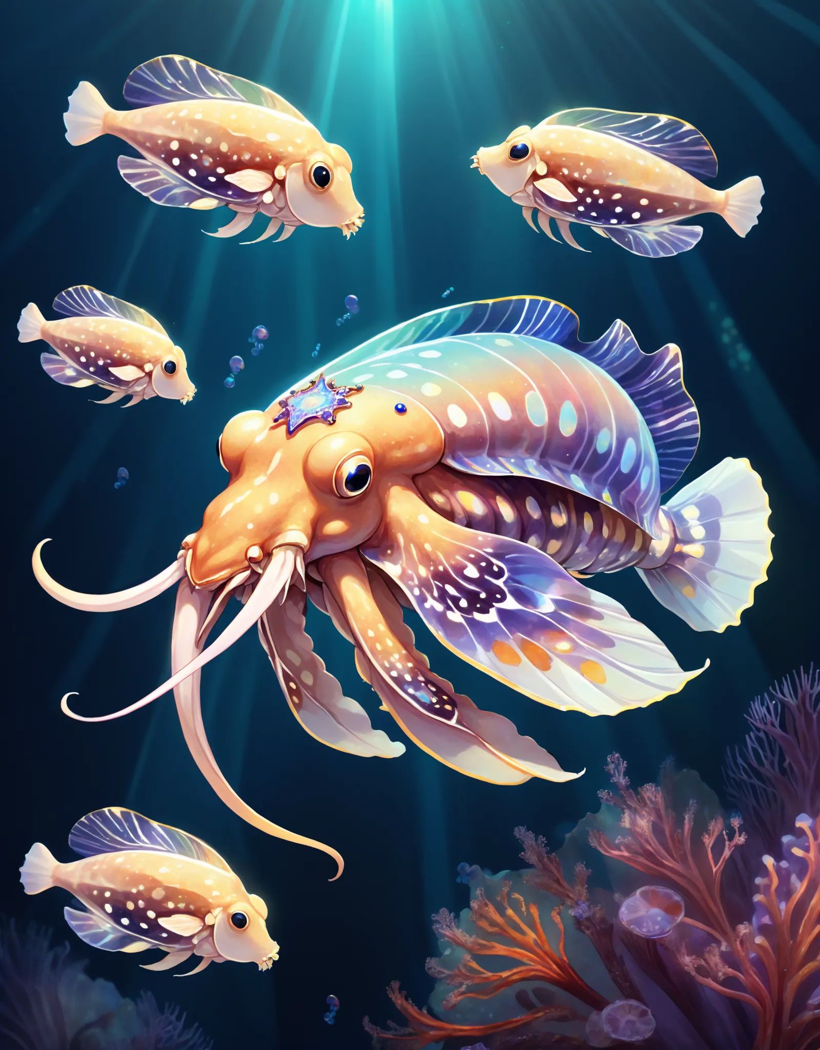 Illustration of a glowing cuttlefish adorned with iridescent patterns and shimmering decorations,  gracefully gliding thro...