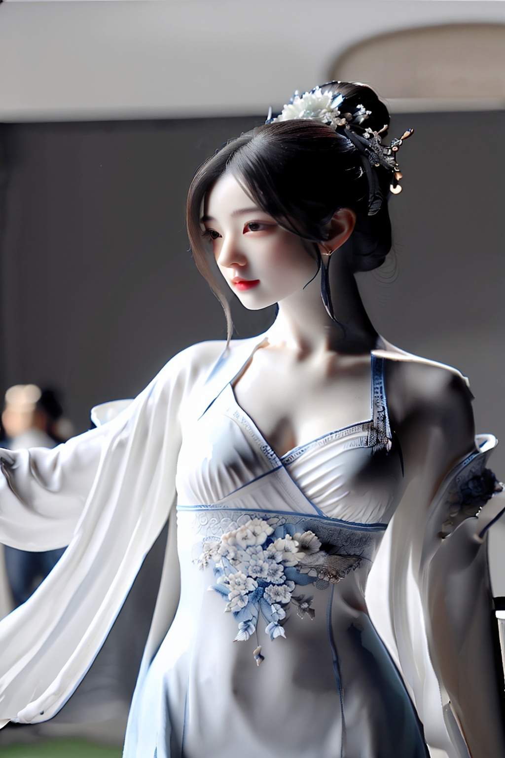 shouban,<lora:手办_v1.0:0.8>,1girl,solo,modern dancers,tight fitting clothing,dynamic jump,abstract light and shadow interweaving,minimalist stage,night,spotlight follow action,black, white, and gray main tone,geometry background,the rhythm of music in the air,the flowing beauty of modern art,