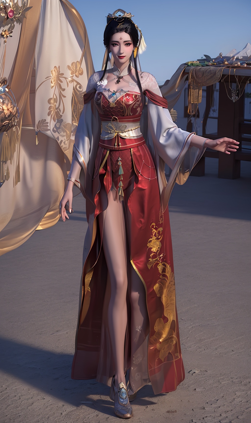 3D,masterpiece,(best quality),(makeup),official art, extremely detailed cg 8k wallpaper,((crystalstexture skin)), (extremely delicate and beautiful),(highly detailed),(face),(tiara),(tassel),(forehead_mark),(1girl), (solo), (jewelry), (earrings),(black_hair),(long_hair),(hair_ornament),(handwear),(breast),(standing),((full_body,whole_body)),(dress),(long_skirt),(chinese_clothes),(multicolored_clothes),(multicolored_dress),,(shiny_clothes),(sash),(gown),(closed_mouth),(city,outdoor),(sweet_smile),,((looking_at_viewer)),((Facing the camera)),((shose:0.787), (cloth_shoes:0.987),(flat_shoes:0.787),, <lora:hipoly3DModelLora_v10:0.3>