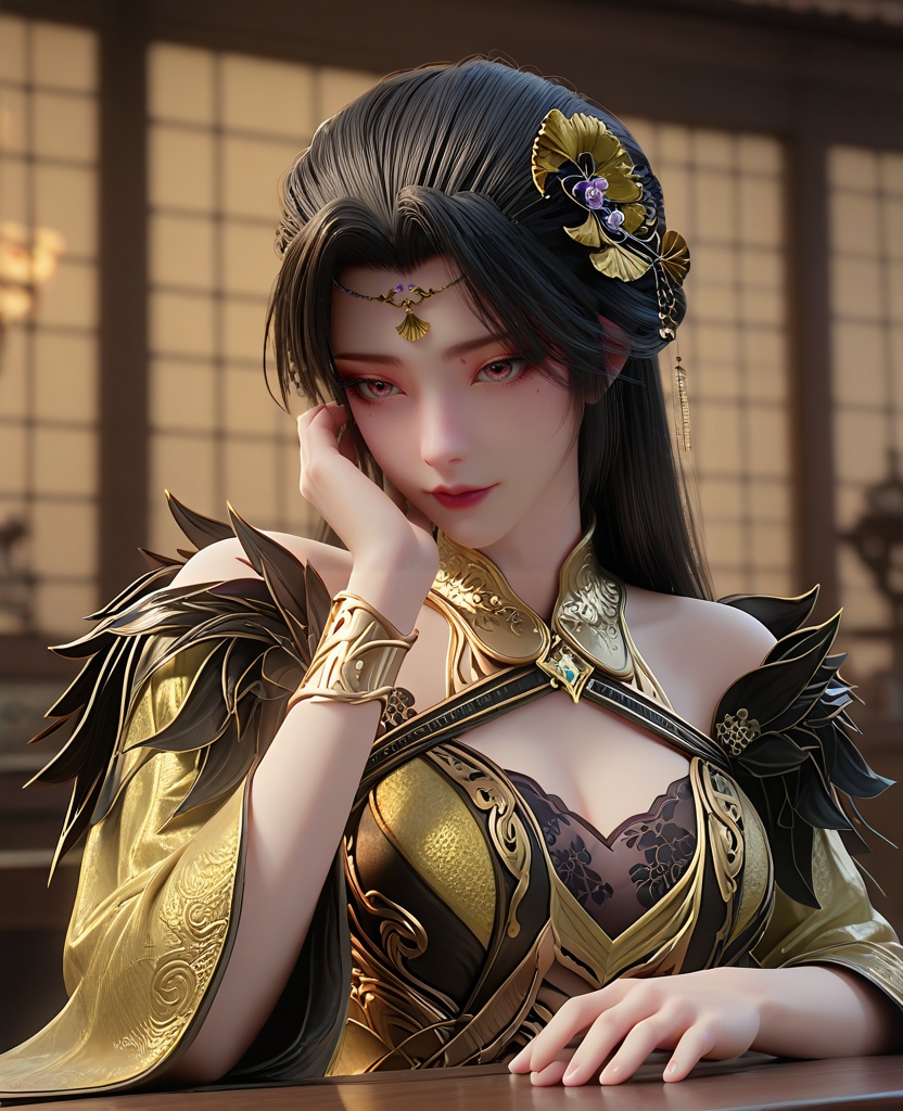 (oriental architecture, elegant decor, sophisticated style:1.1),(rest her head and arms on the table:1.1),(breasts:1.2),<lora:XL16长生界柳如烟:0.95>,miss liuruyan,yellow dress,pink eyes,black hair,long hair,hair ornament,shoulder trim,black lace bra,mole,wide sleeves,overskirt,, score_9,score_8_up,score_7_up,score_6_up,score_5_up,score_4_up,3d rendering,tag1,tag2, Cinematic Lighting,backlighting,