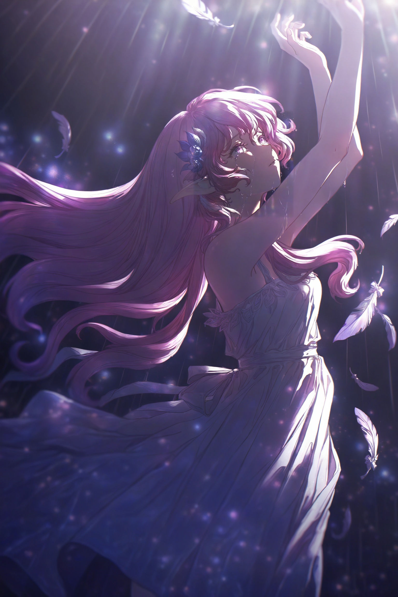 (xilianjuese:1.2),1girl,solo,flower,long hair,pink hair,hair ornament,bare shoulders,pointy ears,dress,white dress,pink eyes,purple eyes,elf,scenery,light particles,soft lighting,cinematic_angle,night sky,earth \(planet\),standing,wind,storm,rain,sunbeam,lens_flare,light_particles,shade,dappled_sunlight,light_rays,floating hair,blurry background,arms up,wet hair,blurry_foreground,spread_arms,looking up,from side,light,A beam of light shines on the girl,outstretched_arms,(feather),((floating feathers)),crying,tears,<lora:光辉V1昔涟角色:0.8>,<lora:光辉V1正则miv4t画风V4-000012:0.8>,mivhuafeng,