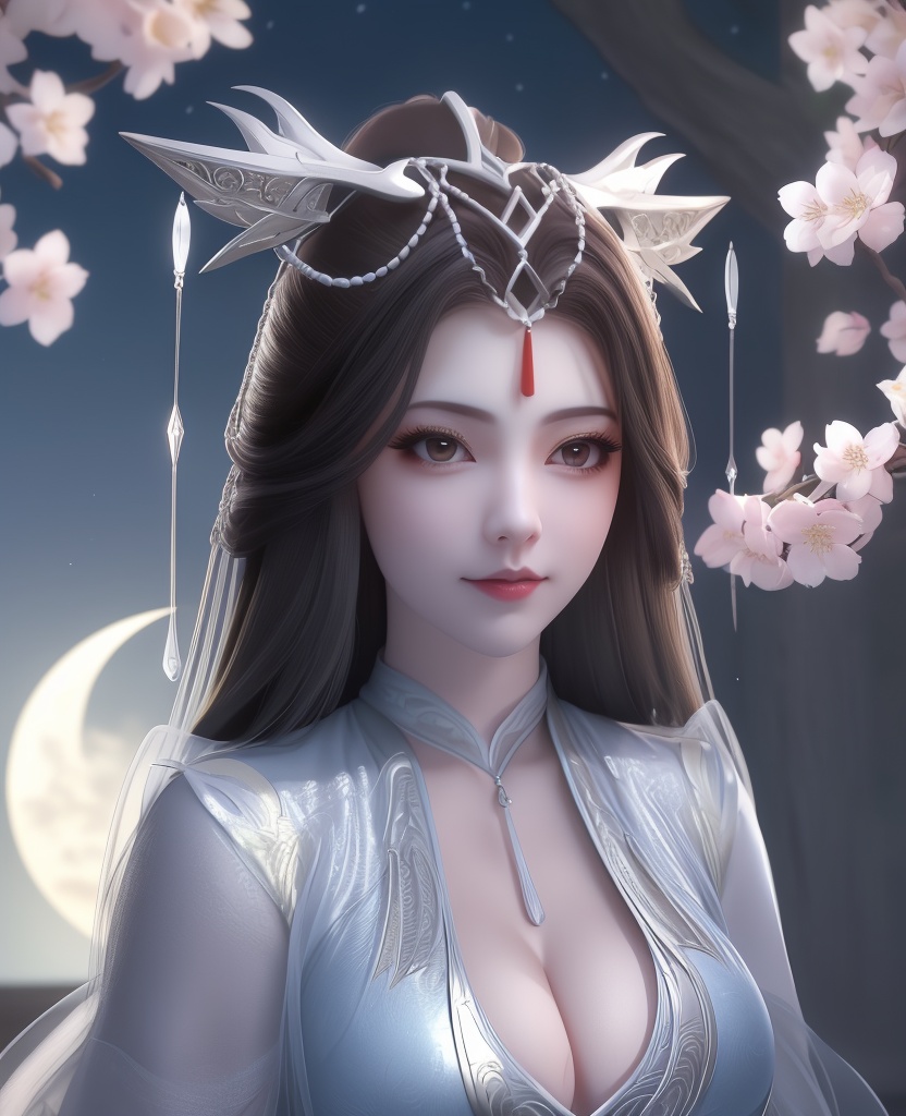 <lora:557-DA-百炼成神-玉婆婆:0.8>(,1girl, ,best quality, ),looking at viewer,masterpiece,(( , )),, realistic,science fiction,mole,,ultra realistic 8k cg,     ,cherry blossoms,,night, night sky, crescent moon, moonlight,,(facing viewer, looking at viewer, , ),  (cleavage), (),