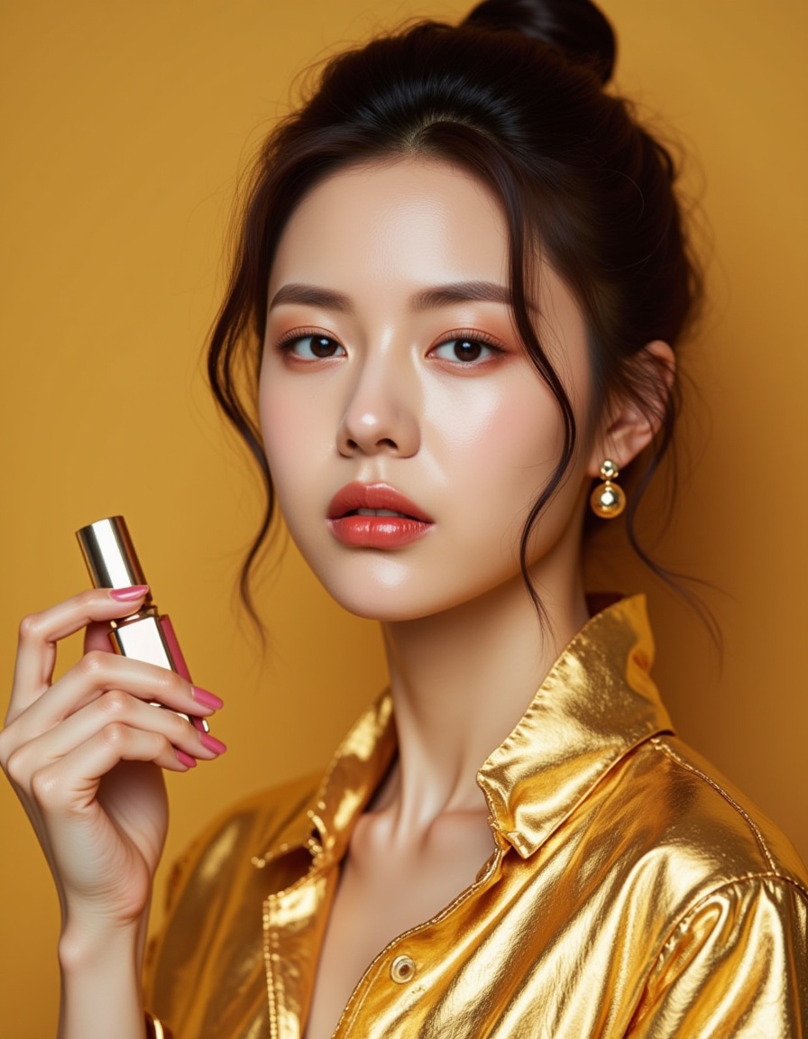 this is a picture of a fashionable south korea woman,she had a lipstick in her hand,she was dressed in solid gold and had a metallic sheen,