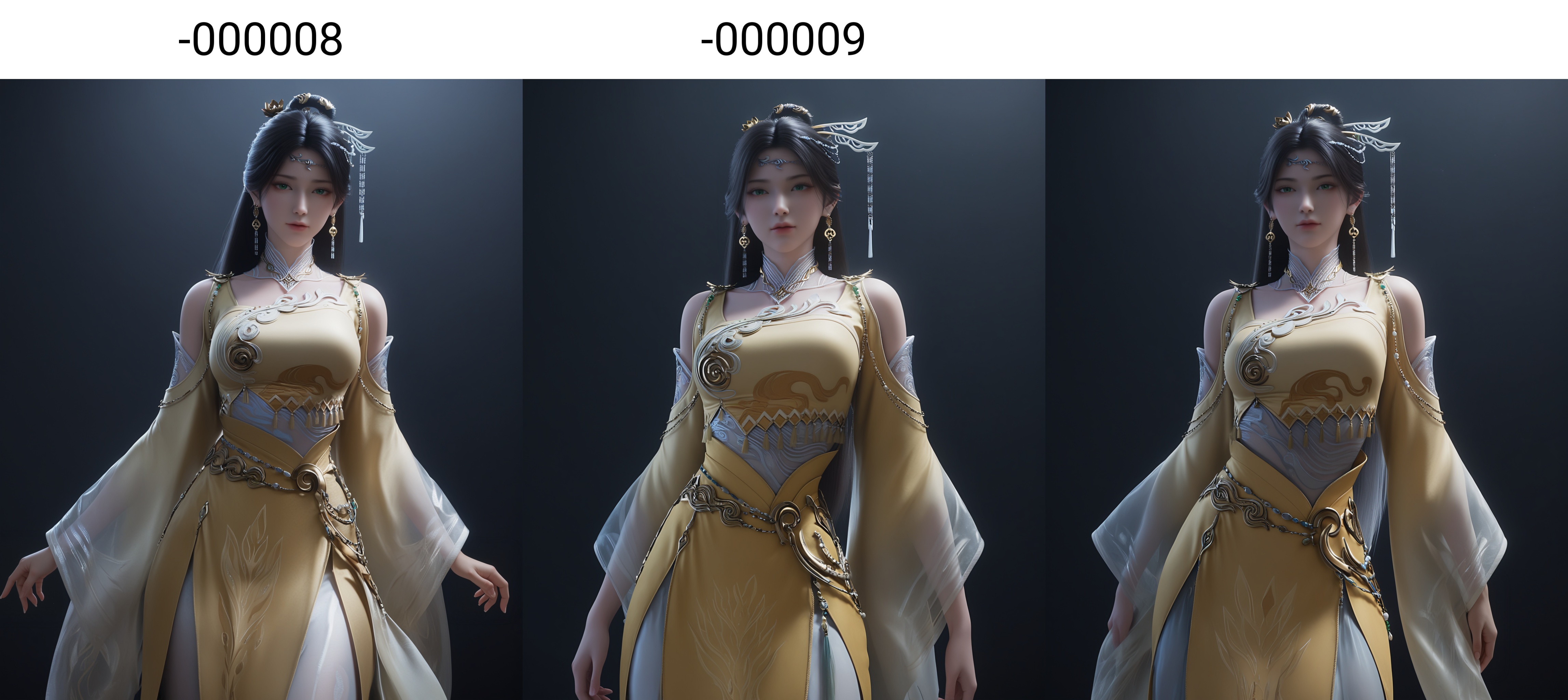masterpiece,best quality,absurdres,highres,BREAK(glamor:1.1),slender,1girl,solo,<lora:金瓶儿-ill-000008:0.82>,jingpinger,long hair,black hair,hair ornament,earrings,jewelry,green eyes,shoulder cutout,wide sleeves,yellow dress,see-through,looking at viewer,front view,standing,arms behind back,BREAKsimple background,black background,rim light,Tyndall effect,Volumetric Lighting,Cinematic Lighting,realistic,depth of field,