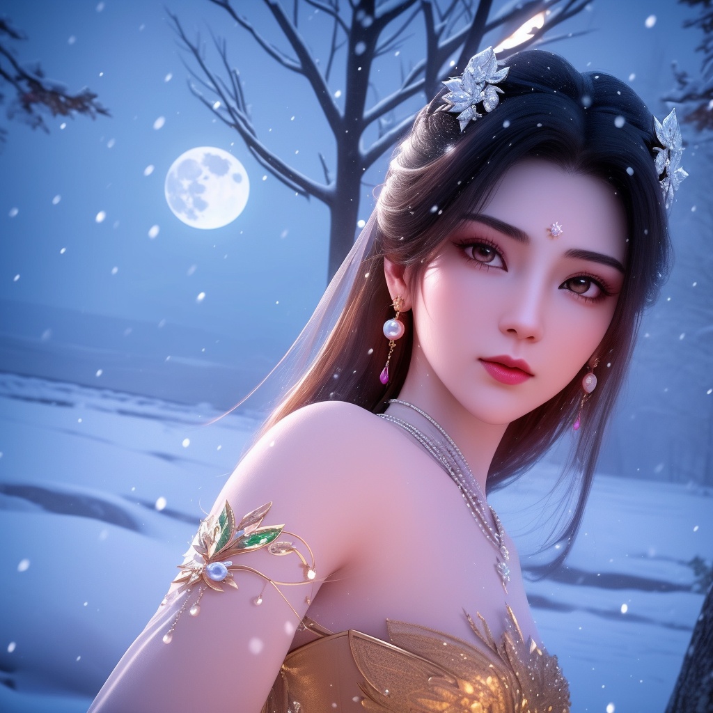 <lora:神墓-梦可儿:0.8>  (,1girl, ,best quality, ),looking at viewer,  ultra realistic 8k cg, picture-perfect face,   clean, masterpiece,     cinematic lighting, cinematic bloom, fantasy,  , unreal, science fiction, ((,1girl, pov,))(((,tree, 1girl, full moon,snowing,snow ,solo,     solo focus,  long_hair, looking_at_viewer,  )))  (rich:1.4,)     prestige, luxury, jewelry, diamond, gold, pearl, gem, sapphire, ruby, emerald, intricate detail, delicate pattern, charming, alluring, seductive, erotic, enchanting, hair ornament, necklace, earrings, bracelet, ,