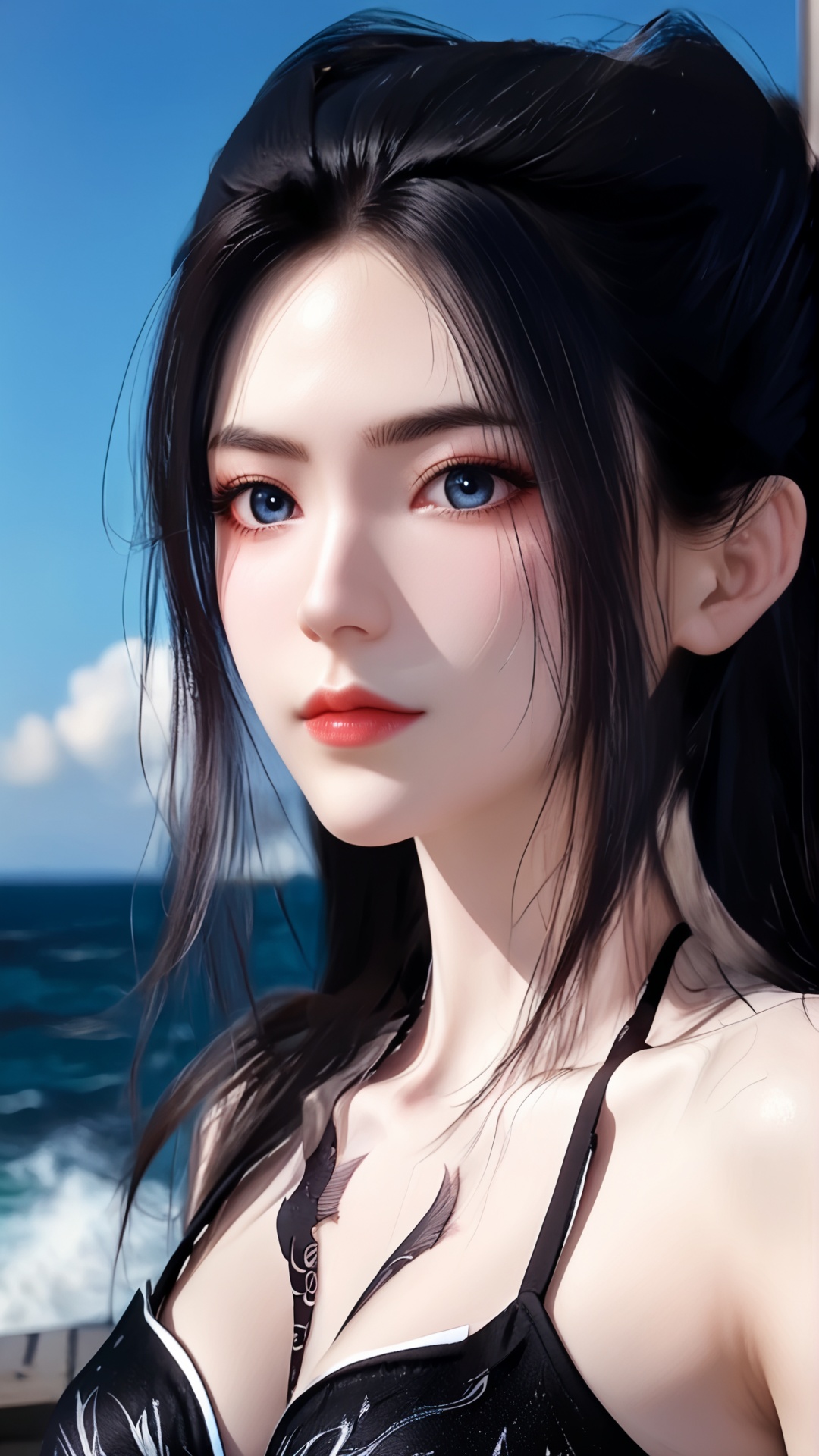 The image is a close-up portrait of a young woman with long black hair styled in a dramatic updo. She has a serious expression on her face and is looking directly at the camera. Her hair is styled in loose waves and cascades over her shoulders. She is wearing a black and white patterned top with a high neckline and thin straps. The background is blurred, but it appears to be a cityscape with buildings and a blue sky. The overall mood of the image is dark and mysterious..<lora:pony焰:0.8>,