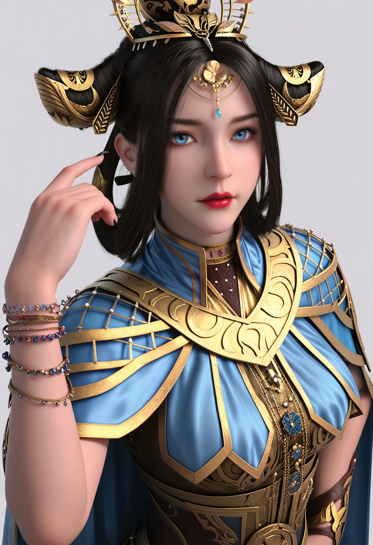score_9,high detail,best quality,shiny skin,shiny,1girl,solo,blue eyes,black hair,hair ornament,white background,lips,realistic,jewelry,red lips,crown,cape,closed mouth,bracelet,hair rings,lipstick,makeup,armor,parted lips,looking at viewer,thighs,<lora:QQSponyxiangyunV1:0.8>,<lora:Pony_DetailV2.0:0.8>,<lora:皮肤凹痕:0.1>,
