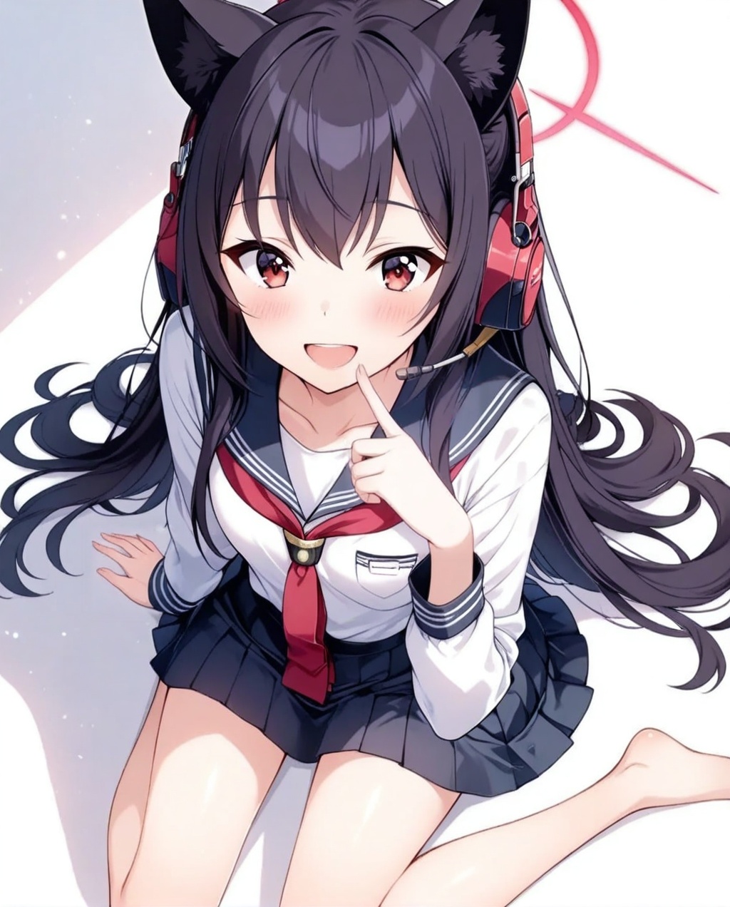 ultra detailed anime texture,Shichido Yukino(blue archive),1girl,solo,skirt,animal ears,long hair,red eyes,black hair,black skirt,looking at viewer,long sleeves,white background,sailor collar,school uniform,halo,sitting,shirt,open mouth,headphones,pleated skirt,white shirt,simple background,smile,serafuku,headset,animal ear fluff,blush,bangs,hand up,barefoot,neckerchief,necktie,very long hair,shadow,wariza,red neckerchief,finger to mouth,red necktie,arm support,:d,(aesthetics 1.3),masterpiece,best quality,ultra HD,32K resolution,clear focus,delicate details,high-end texture,fashion photography,cinematic perspective,rich colors,color palette,advertisement style,tension composition,masterpiece,gentle atmosphere,latest,dynamic dutch angle,perspective composition,cover,