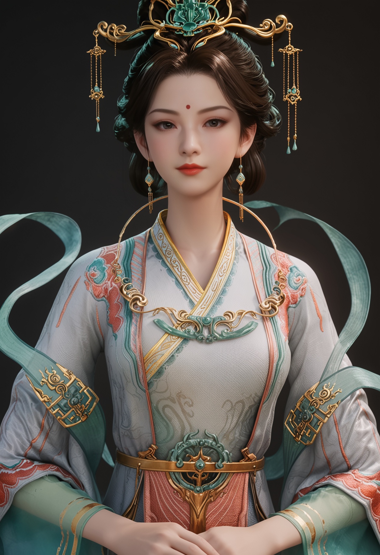 (upper_body:1.2),score_9,score_8_up,masterpiece,(best quality),intricate details,facing viewer,(looking at viewer:1.1),<lora:YQ_pony_xiwangmu_budaibeishi_V5:0.8>,q1528437228,1girl,solo,jewelry,earrings,hair ornament,black hair,chinese clothes,forehead mark,red lips,long sleeves,makeup,dress,hanfu,hair bun,updo,brown hair,black eyes,wide sleeves,brown eyes,hair stick,shawl,necklace,hair rings,forehead jewel,single hair bun,hagoromo,BREAKscore_9,score_8_up,masterpiece,(best quality),perfect anatomy,(hourglass),perfect face,(simple background,pure black background,black background:1.1),fair_skin,shiny_skin,Ivory_skin,