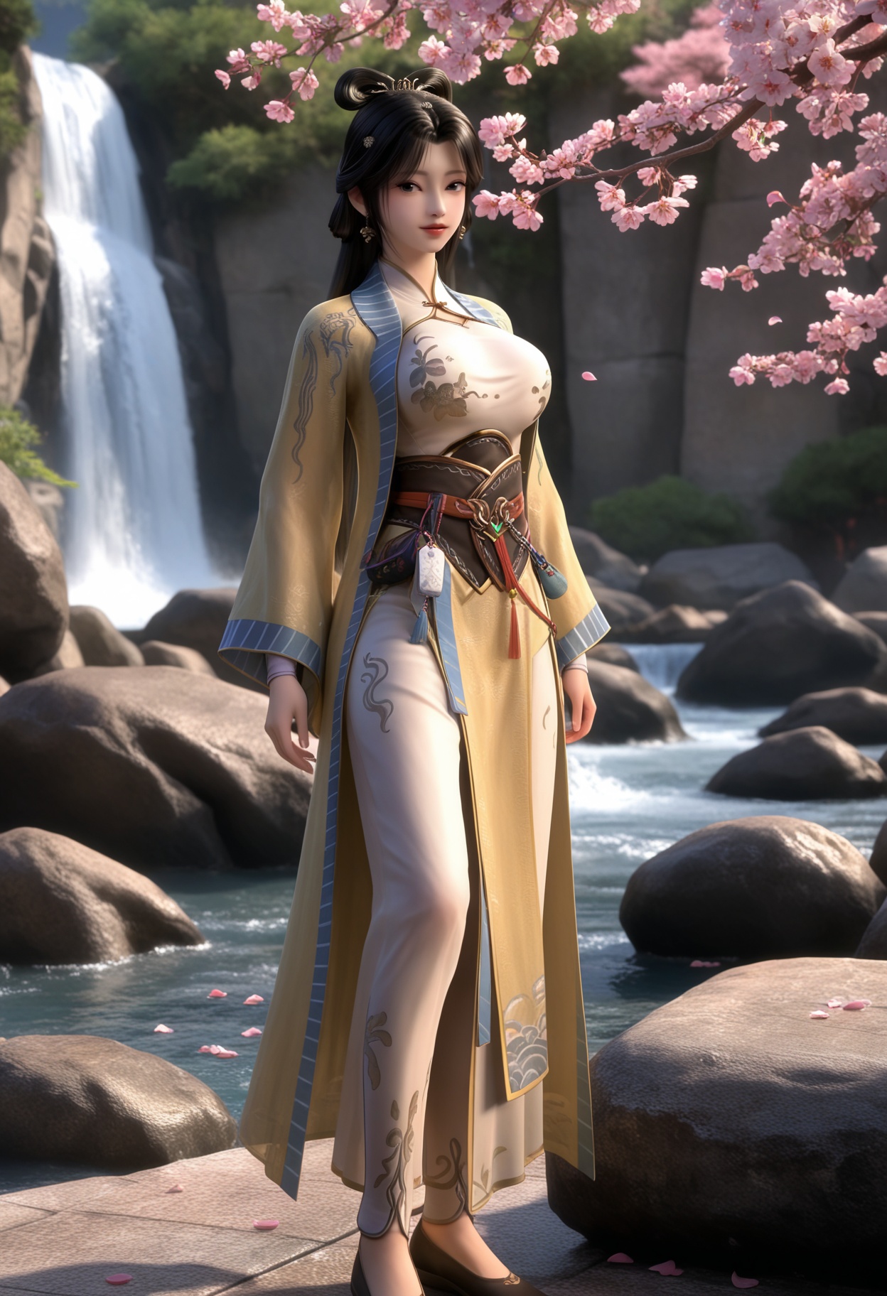 masterpiece,best quality,amazing quality,high resolution,ultra-detailed,absurdres,(looking at viewer:1.1),full body,(moody lighting:1.1),waterfall,peach blossom,falling petals BREAK large breasts,hanxiangxiu,1girl,solo,long hair,black hair,chinese clothes,dress,jewelry,hair ornament,realistic,earrings,black eyes,long sleeves,hair rings,shoes,standing BREAK photorealistic details,<lora:QQSillhanxiangxiuV1:0.8>,