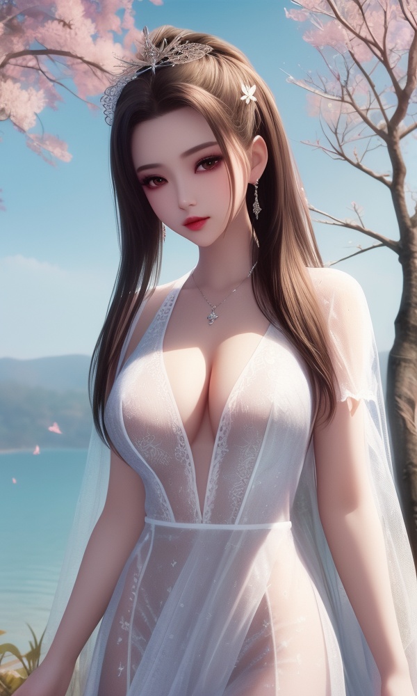 (,1girl, ,best quality, ),looking at viewer, <lora:411-DA-太一剑仙传-季师师:0.8> ,, ultra detailed background,ultra detailed background,ultra realistic 8k cg,,masterpiece, (( , )), fiction,mole,  ,     ,see-through, lace, (cleavage),(((, solo, sun, , bare_tree, ))) 