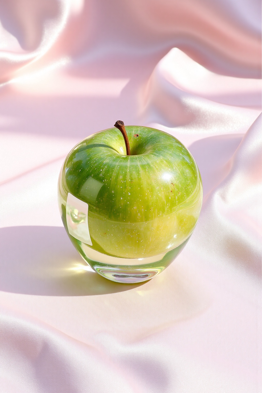 beijihui,a vibrant green apple is adorned with a brown stem and a white square on its side. The apple is encased in a transparent glass bowl, which is placed on a light pink satin tablecloth. Its shadow is cast on the left side of the apple, adding a touch of depth to the image.