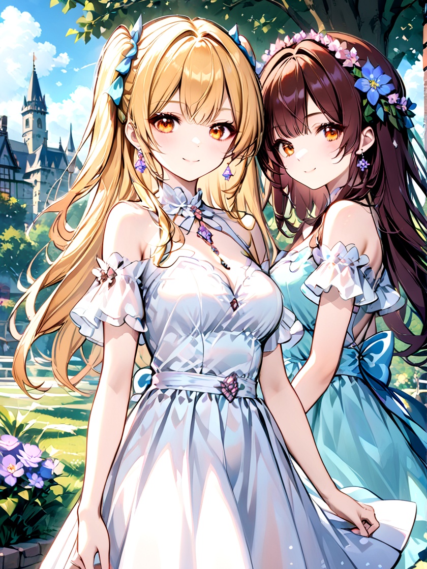 multiple girls, 2girls, dress, flower, white dress, long hair, hair flower, hair ornament, looking at viewer, blonde hair, orange eyes, brown hair, twintails, earrings, smile, jewelry, bare shoulders, castle, purple flower, outdoors, bangs, very long hair, short sleeves, closed mouth, two side up, off-shoulder dress, ribbon, breasts, tree