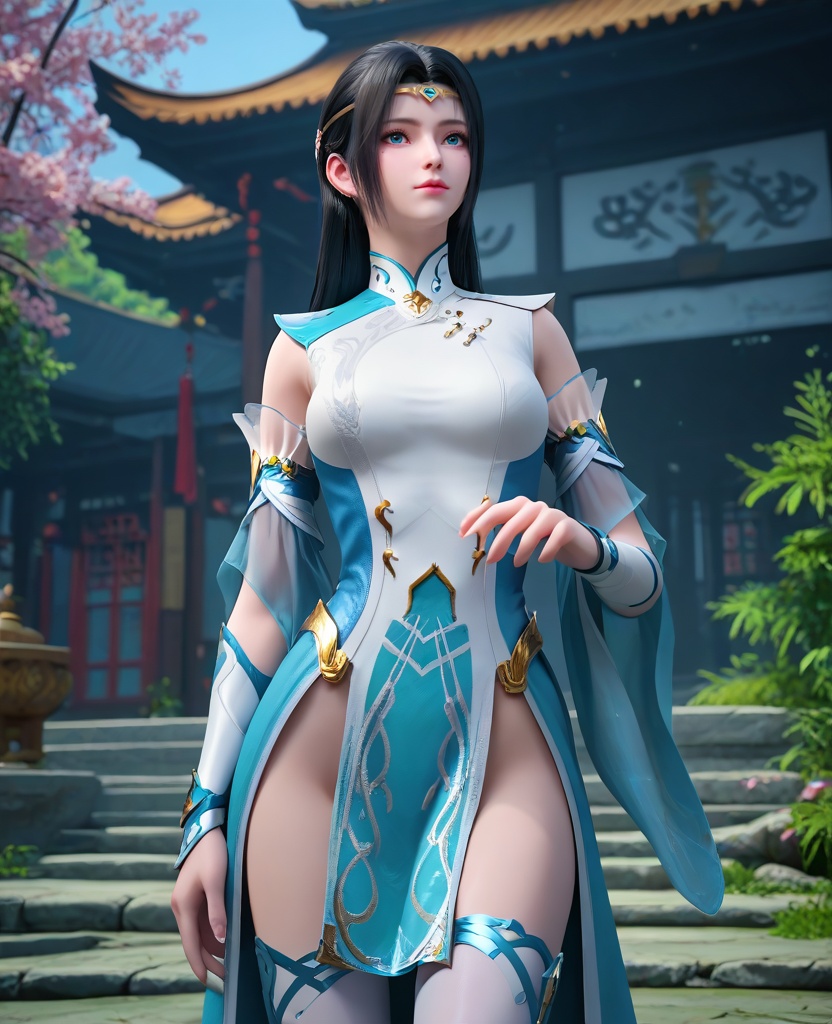(oriental architecture, elegant decor, sophisticated style:1.1),Standing with hands on the hips, looking up,,(breasts:1.2),<lora:XL16大主宰苏萱:0.95>,miss suxuan,layered aqua and white gown,blue eyes,mole under right eye,circlet,black hair,long hair,wide flowing sleeves,bracer,pelvic curtain,white thighhighs,, zPDXL2, score_9, score_8_up, score_7_up BREAK realistic, masterpiece,best quality, highly detailed,, zPDXL3, zPDXL2,zPDXL, zPDXLxxx, zPDXLrl,
