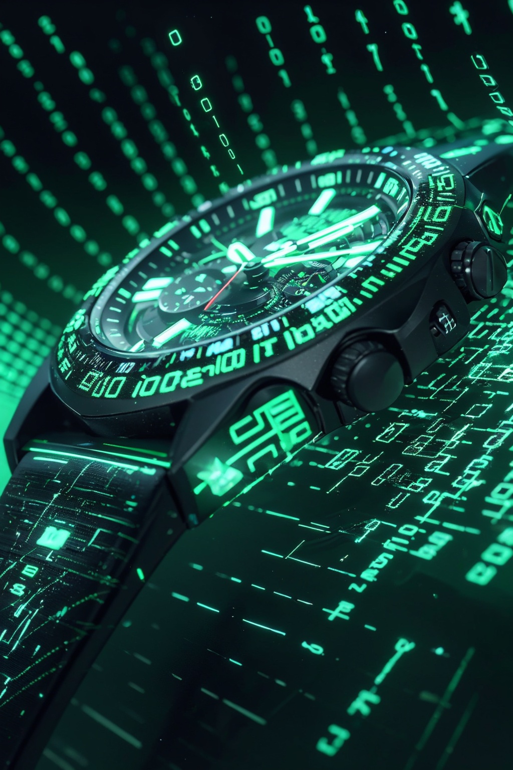 sdmai,Data streams,abstract art,binary code,cyberspace,Green theme,watches,<lora:SDMAI数字抽象线性艺术:0.75>,
